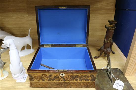 A Tunbridge ware box, a pair monopodia bronze candlesticks and a sun dial box length 23.4cm